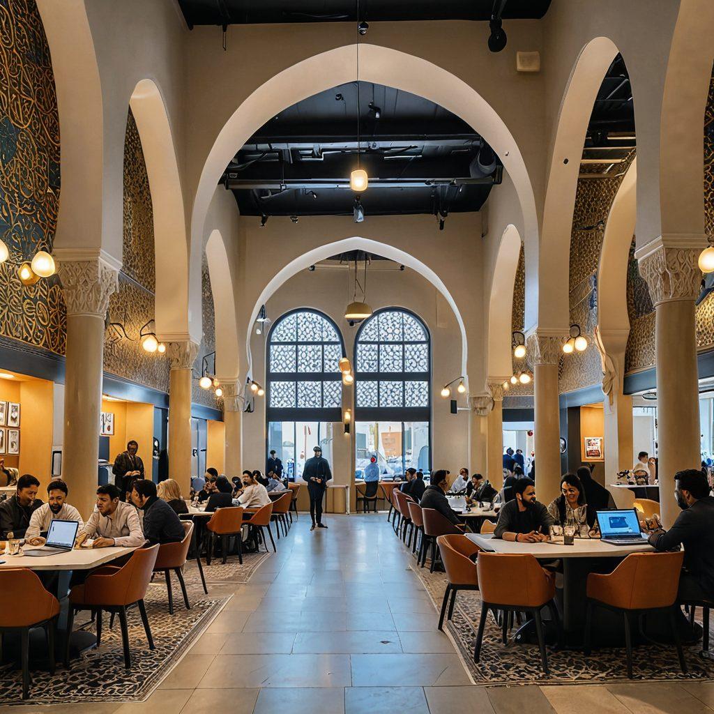 A bustling modern marketplace with innovative startups and iconic Arab-American business figures navigating through futuristic digital technologies. Blend traditional Arab architectural elements with contemporary business settings, showcasing growth and prosperity. Highlight cultural diversity and entrepreneurial spirit in vibrant, lively communal spaces. super-realistic. vibrant colors. dynamic composition.