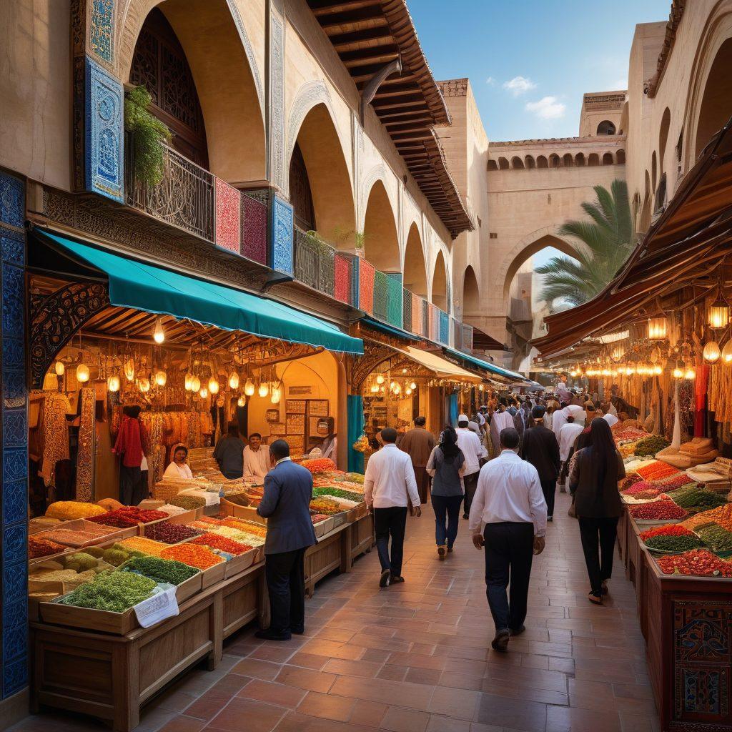 A bustling marketplace featuring diverse Arab American entrepreneurs engaging in lively trade, with iconic Middle Eastern architecture blending seamlessly with modern American cityscapes. The scene also includes symbolic bridges connecting both cultures, highlighting economic collaboration and mutual growth. vibrant colors. super-realistic.